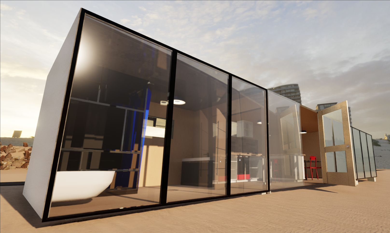 Modern glass building on sandy terrain with city buildings in the background, during sunset.