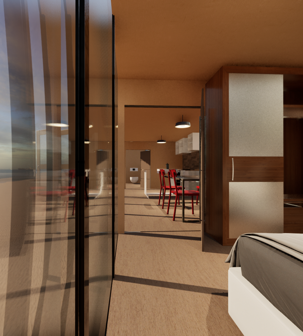 Modern apartment interior with a glass wall, beige walls, a partial view of a bed, and a kitchen area with red chairs and pendant lighting.