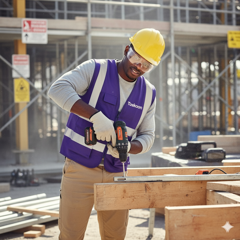 Taskoon Tasker drilling on a construction site wearing safety gear