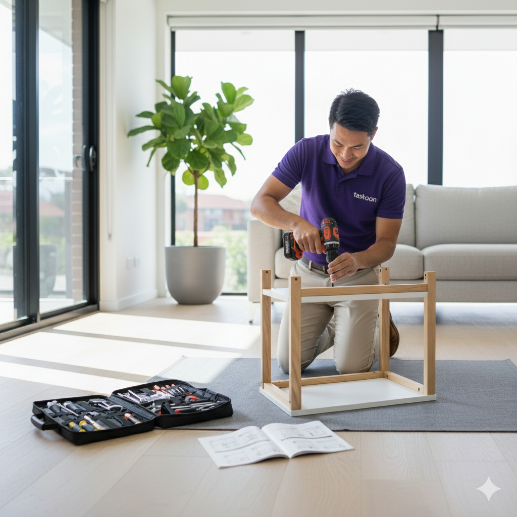 Taskoon Tasker assembling furniture inside a modern Australian living room