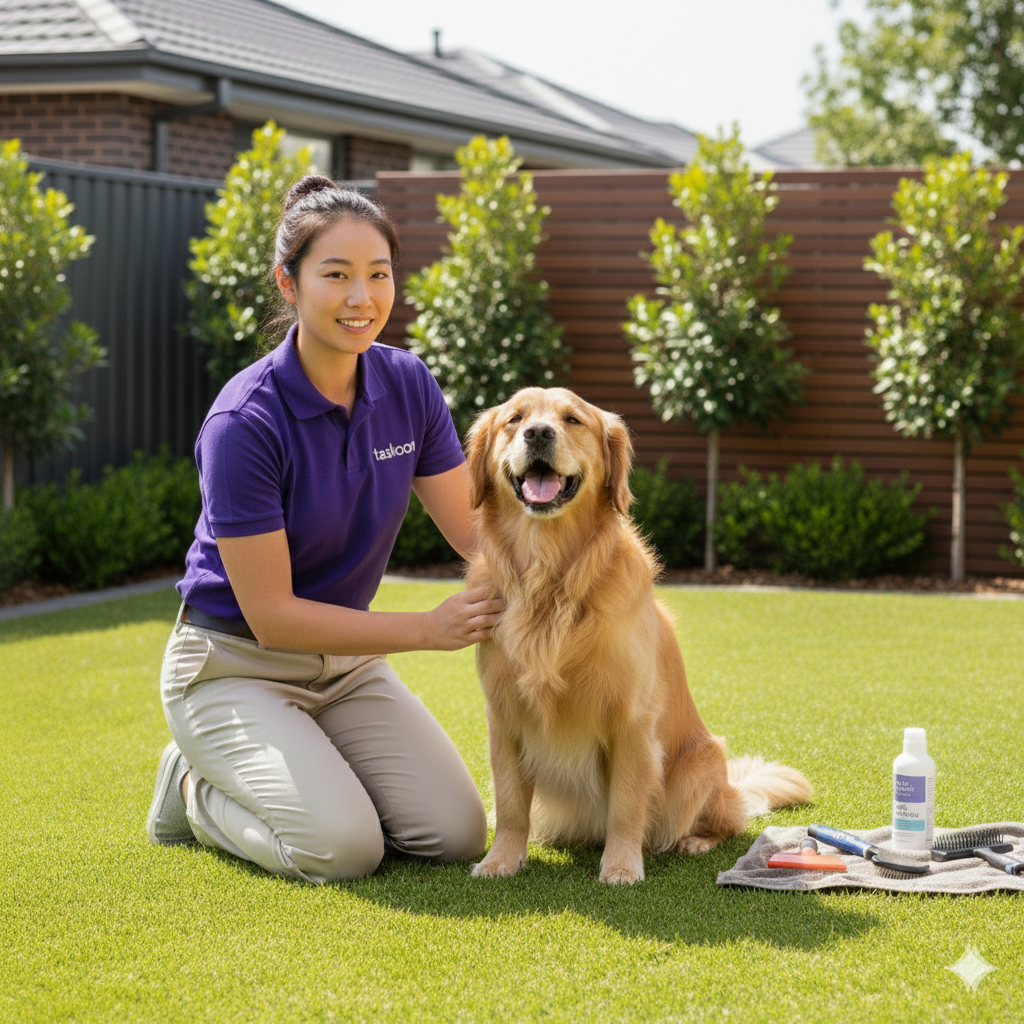 Taskoon Tasker grooming a golden retriever in an Australian backyard.