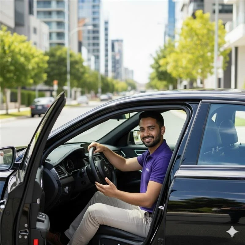 Taskoon Tasker driving a car on a modern Australian city street.