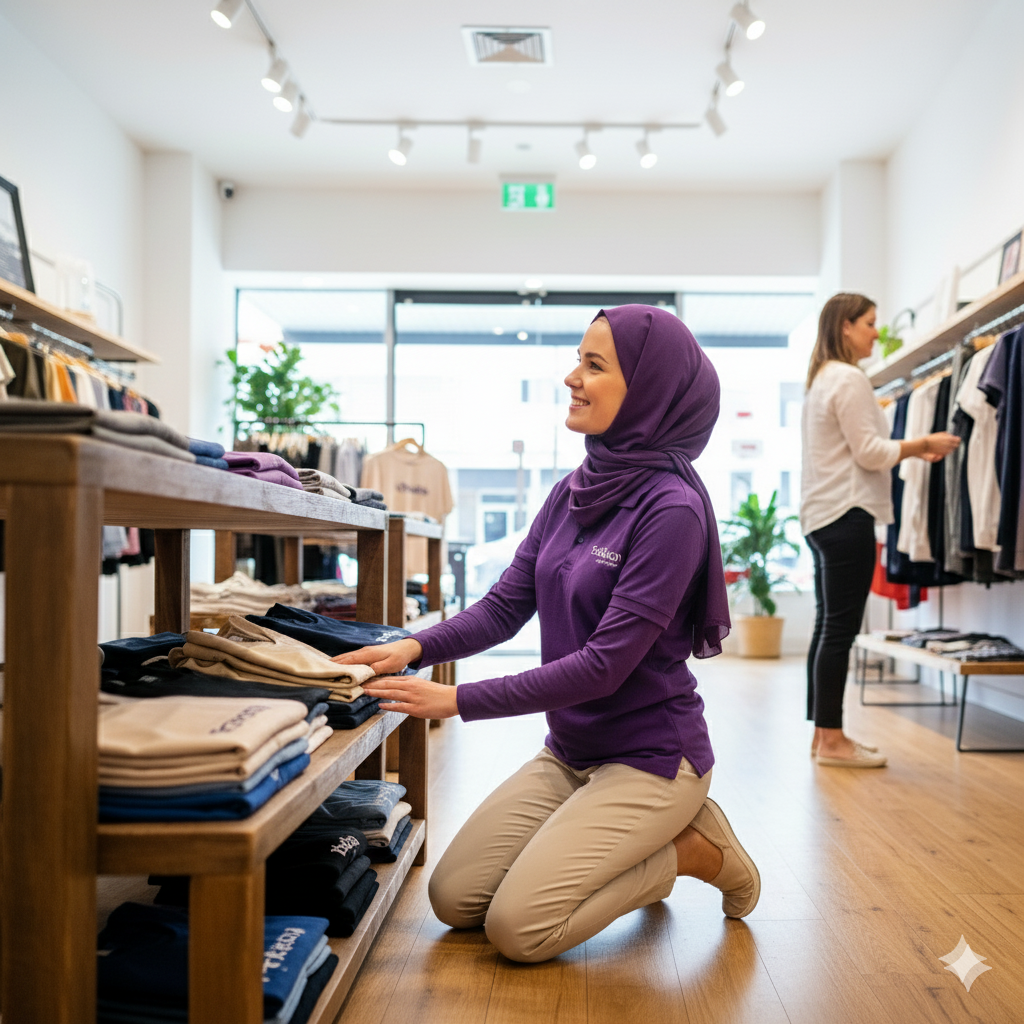 Taskoon Tasker arranging clothes in a modern Australian retail store