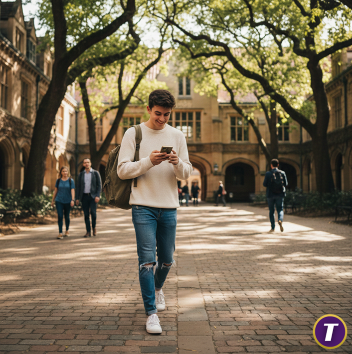 University student using Taskoon while walking around the campus