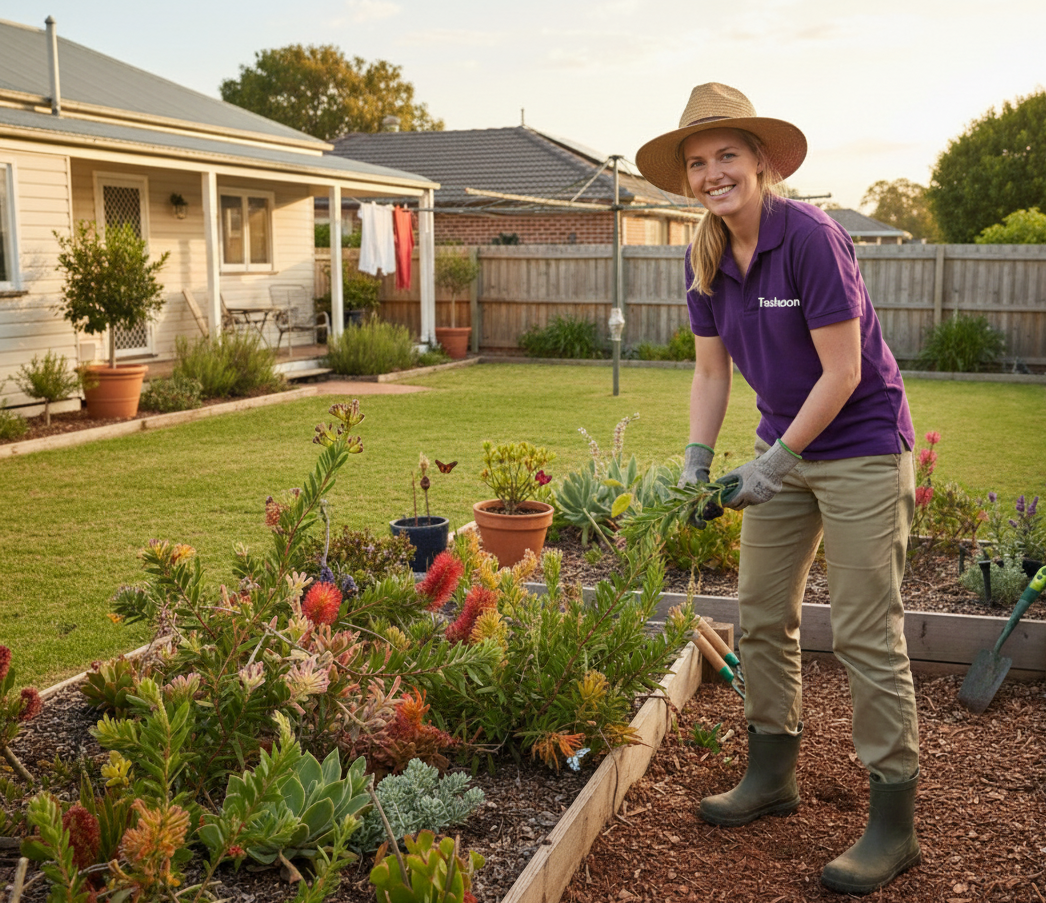 Taskoon Tasker trimming hedges in a sunny Australian backyard