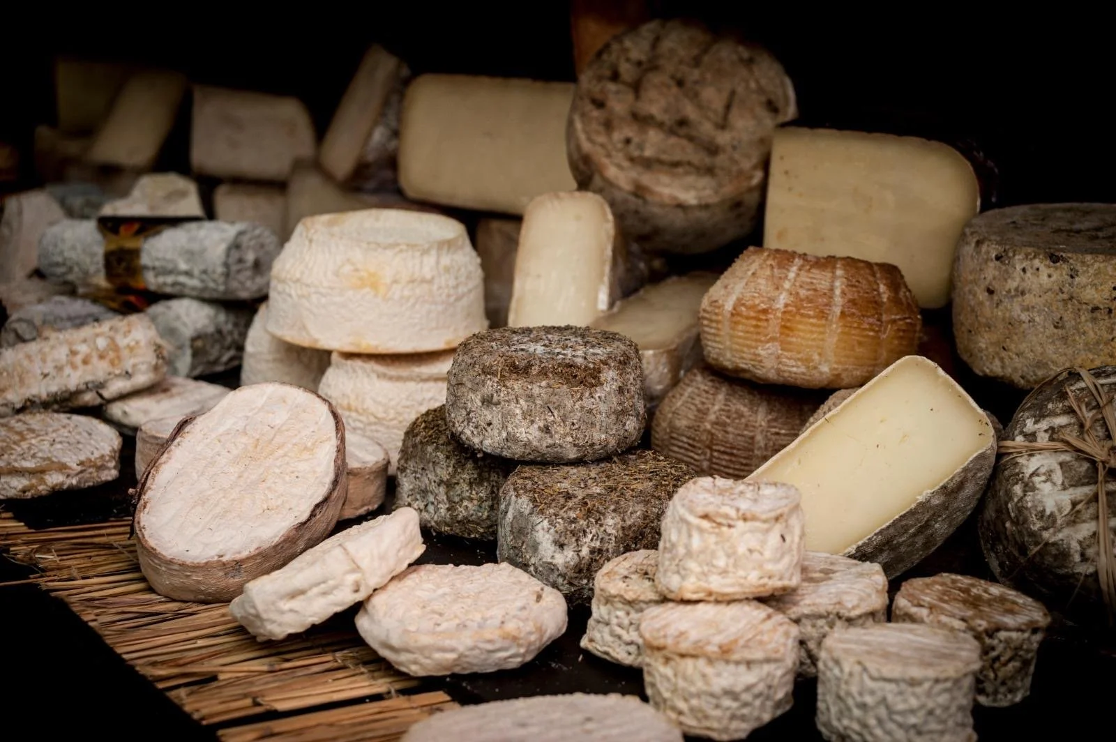 Différents types de fromages artisanaux sur une plaque en osier, avec textures variées, certains enveloppés de moisissure, autres avec croûte naturelle.