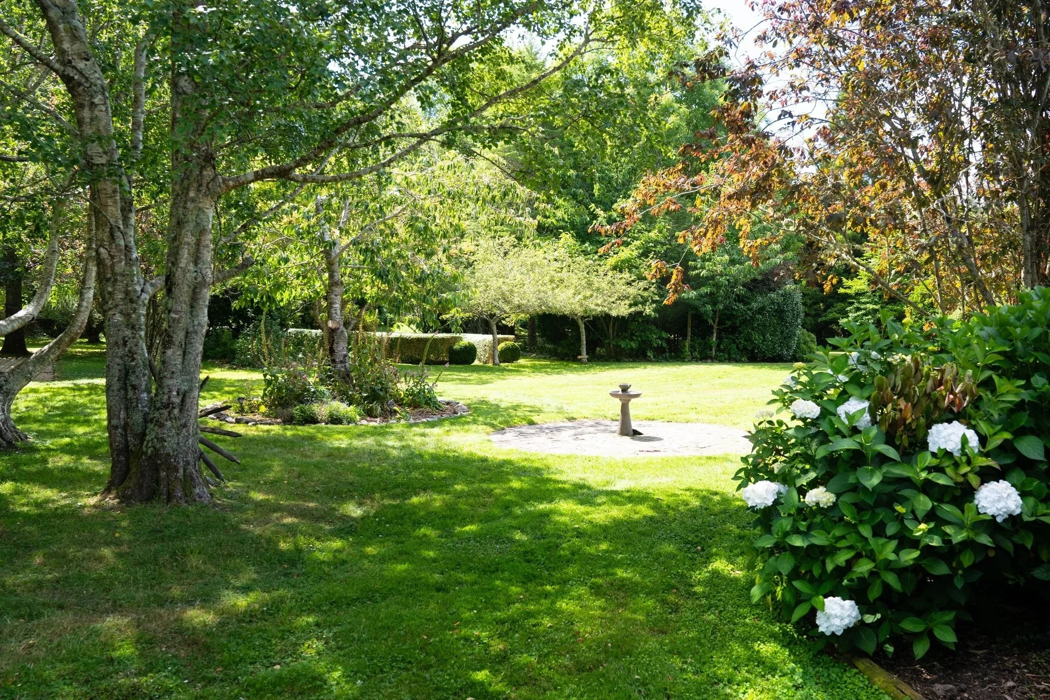 Woodcote Gardens, nationally ranked by NZ Garden Trust. A peaceful garden scene with lush green grass, blooming flowers, and mature trees. There is a birdbath in the center and a hedge in the background.