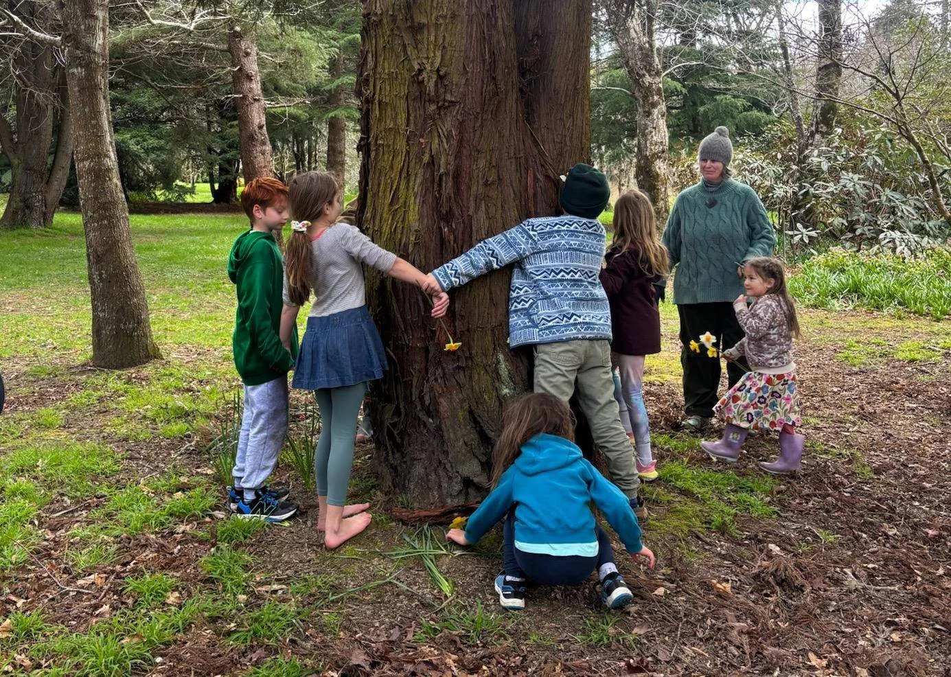 Earth School children measuring the circumference of a tree with their arm spans.
Nature learning activity.