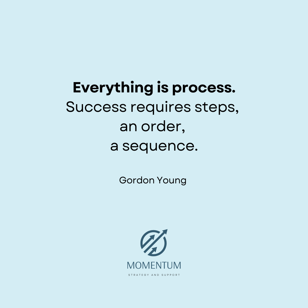 A quote by Gordon Young about process, success, steps, order, and sequence, with a Momentum logo and the words 'Strategy and Support' on a light blue background.