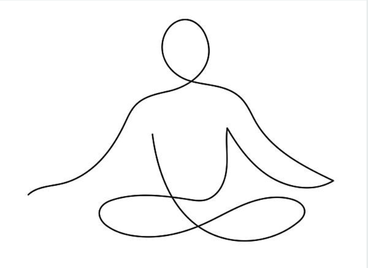 Line drawing of a person meditating in a seated yoga pose with crossed legs and open arms.