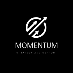 Logo with upward arrow and bar graph representing momentum, with text 'MOMENTUM STRATEGY AND SUPPORT' underneath on a black background.