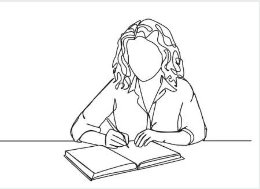 Line drawing of a woman with wavy hair writing in a notebook at a desk.