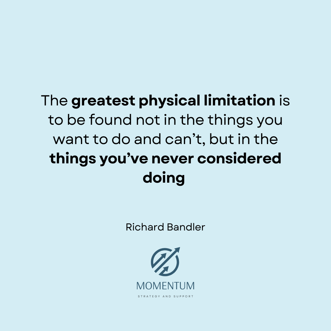 Inspirational quote by Richard Bandler on a light blue background with a Momentum logo and text.