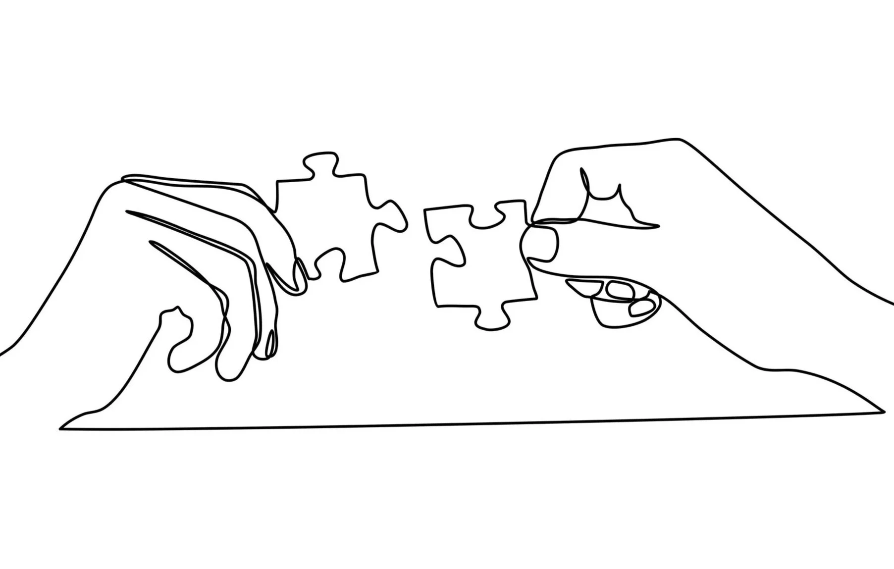Line drawing of two hands connecting puzzle pieces.