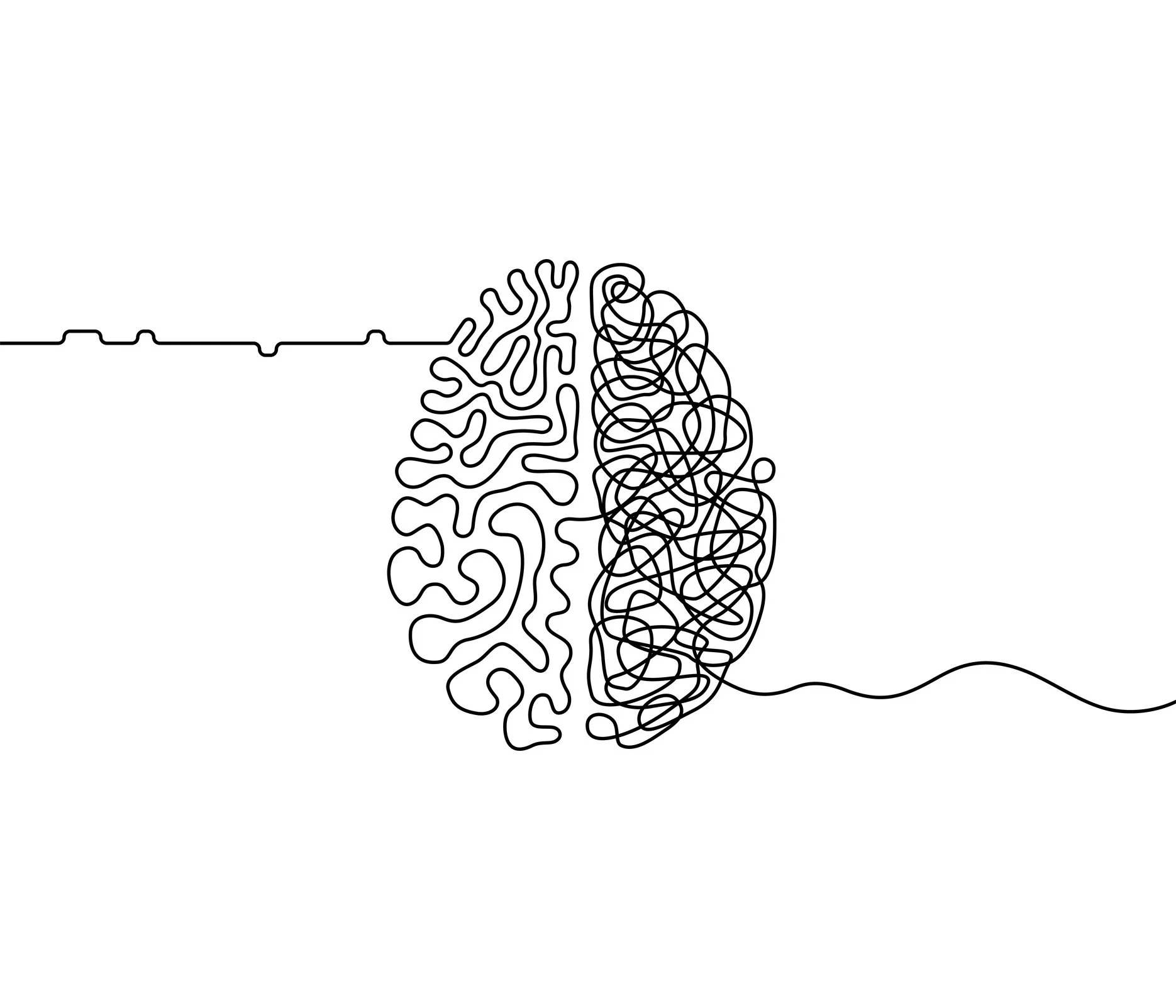 A minimalist black line drawing of a human brain, with one half depicted as neatly folded lines and the other as a tangled, scribbled mess, connected by a single line.