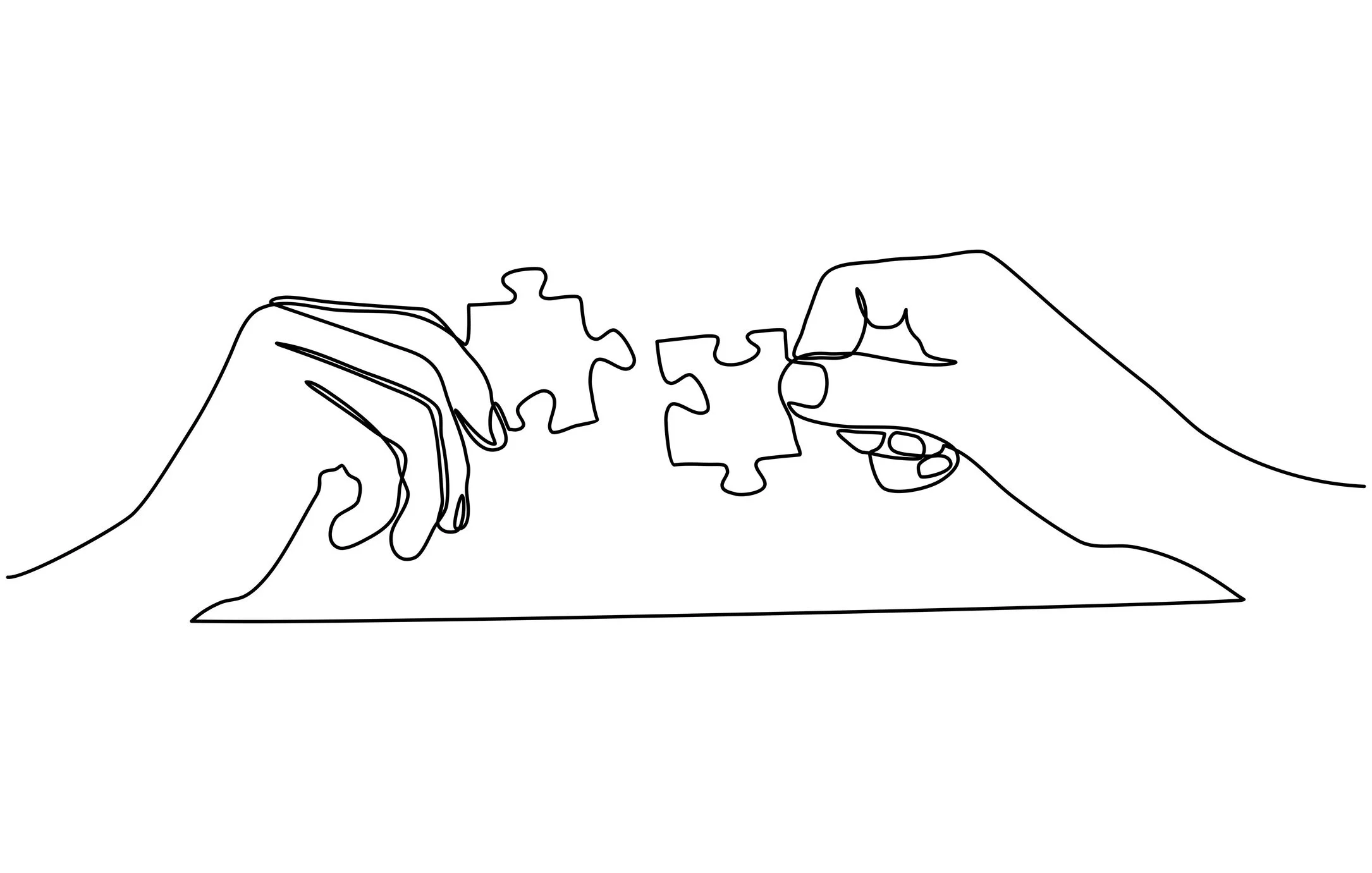 Line drawing of two hands fitting two puzzle pieces together.