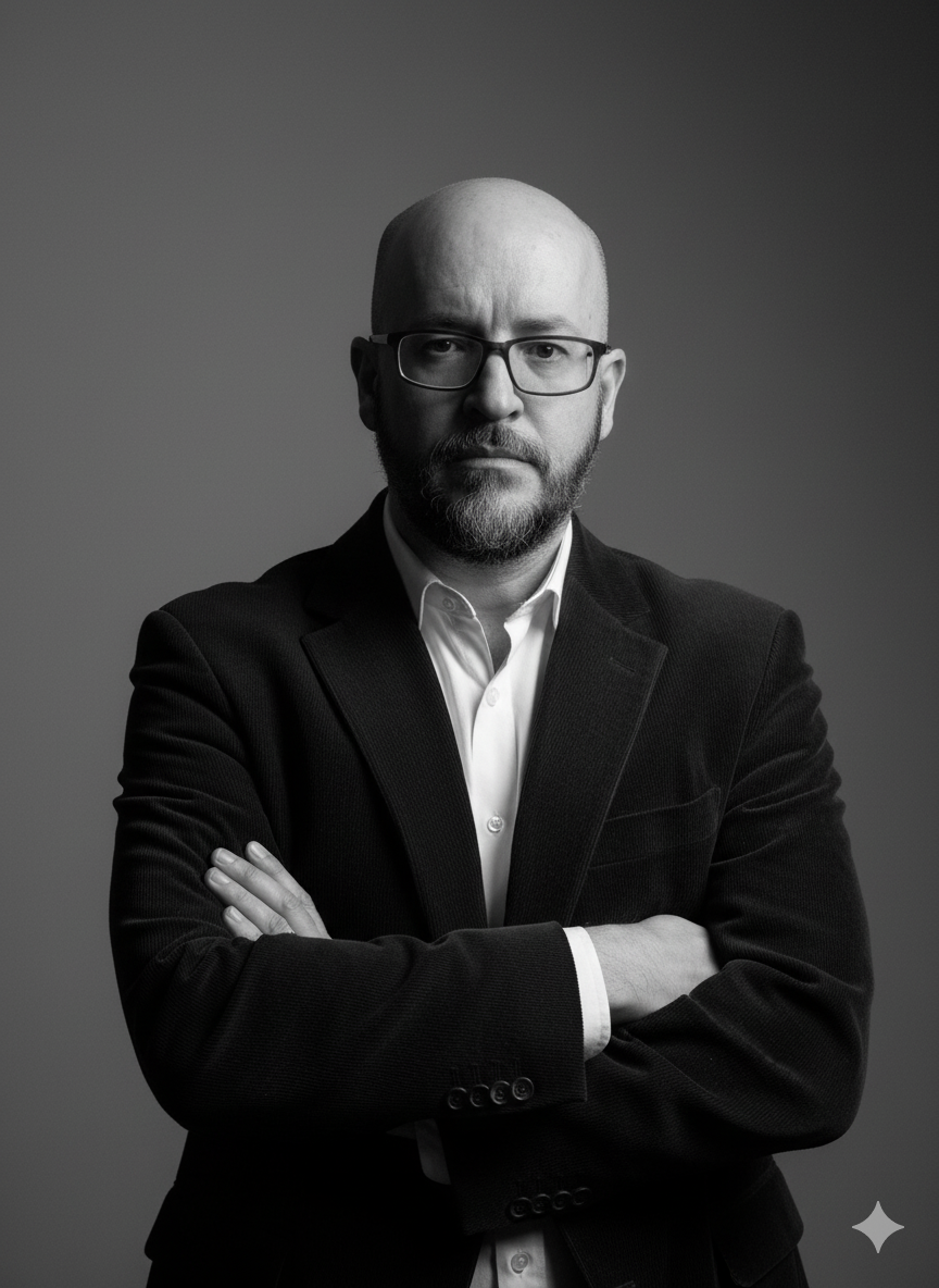 A man wearing a black suit and white shirt with arms crossed.