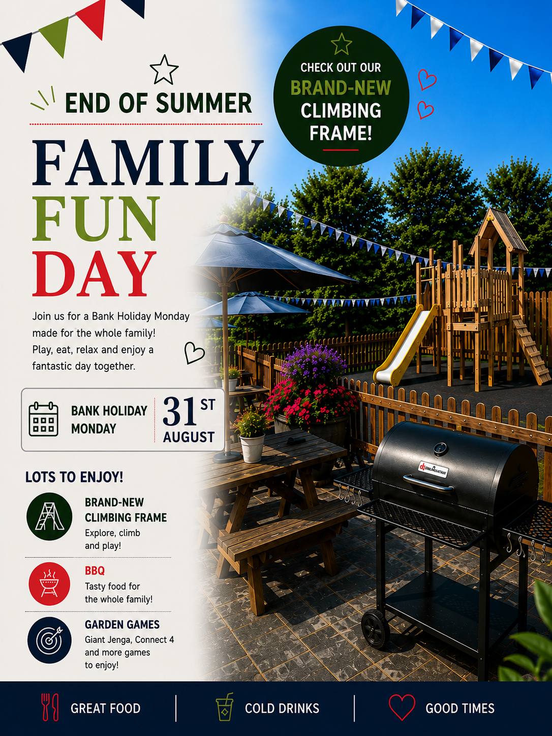 Invitation to an end-of-summer family fun day on August 31st with a playground, barbecue grill, picnic table, potted flowers, and decorative bunting under a bright blue sky.