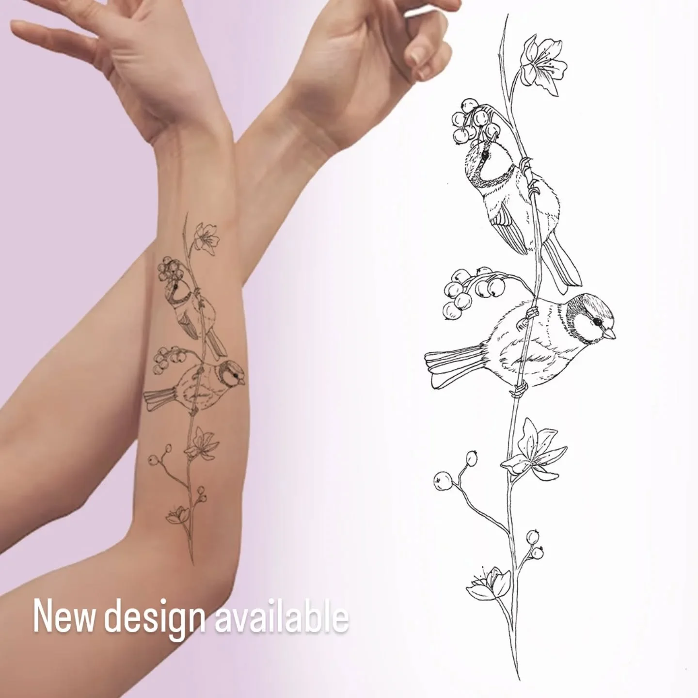 Do you want this? You can have it! This design features beautiful birds sitting on a elegant branch laden with berries and delicate flowers 🐦 would look beautiful on the back, arm or leg. Following a line downward. Can be colorised upon request. 
*
