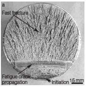Close-up image of a part showing a fast fracture and a fatigue crack propagation with initiation point, with 15mm scale for size reference.
