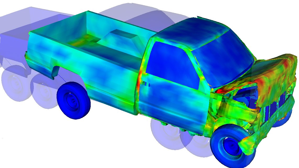Color-coded 3D simulation of a pickup truck showing structural analysis with stress distribution.