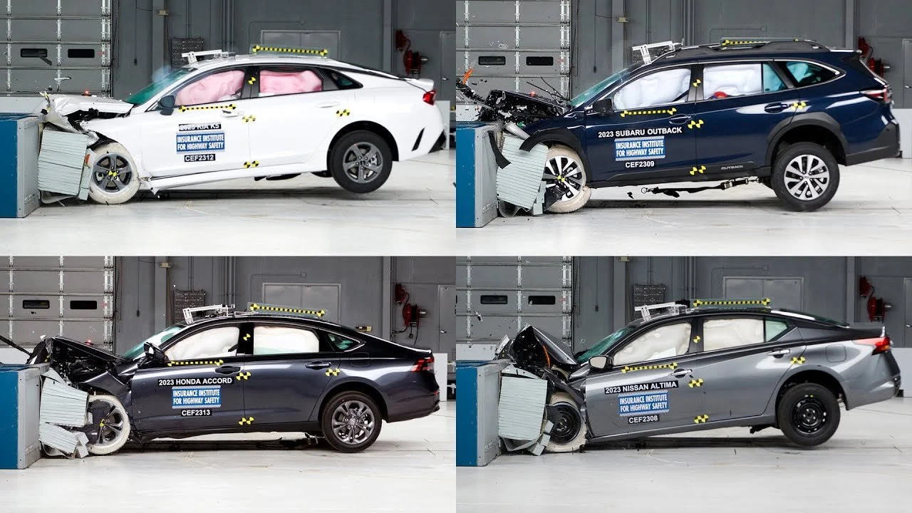 Crash test images of four cars hitting a barrier, including a white sedan, a blue SUV, a black sedan, and a gray sedan, each with deformation marks and safety testing labels.