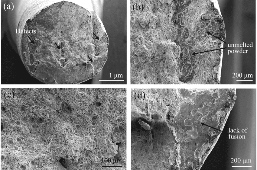 Scanning electron microscope images of a cylindrical sample showing surface defects, unmelted powder, porous structure, and lack of fusion in the material.