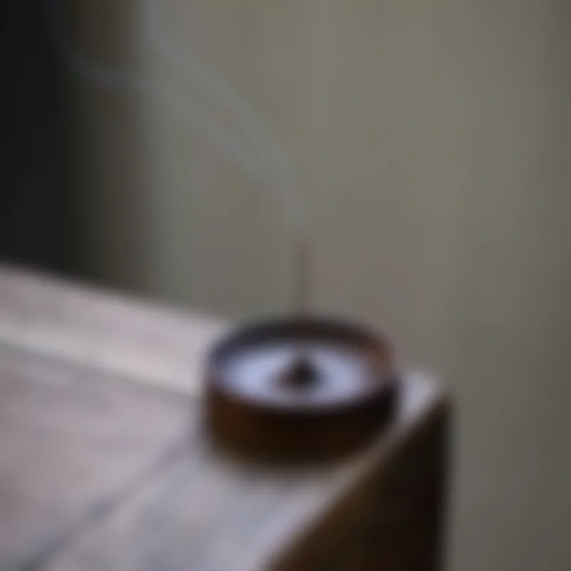 A blurry image of one of KIRIKA's gathered goods; the Enmoku Agardwood Incense Burner. It is a deep brown colour with a stick insence burning and sitting on the corner of a deep brown solid wood table.