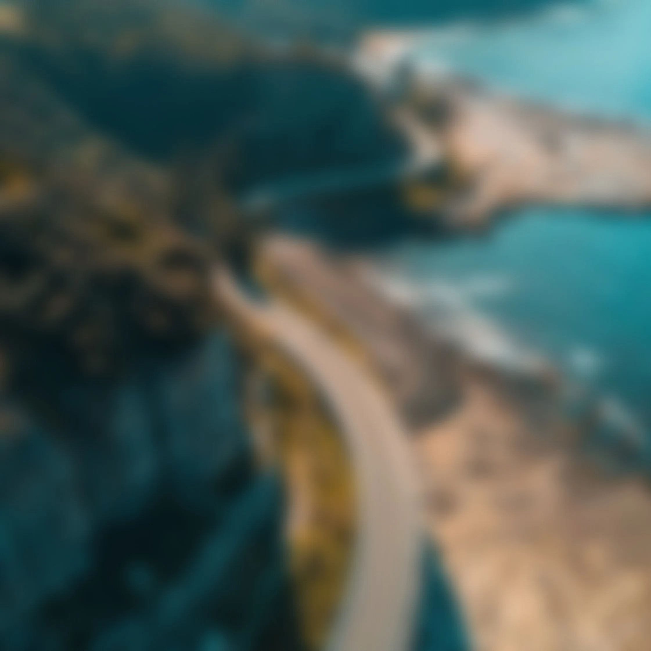 Blurred aerial view of a coastal landscape with mountains, a sandy road, and blue ocean waters.