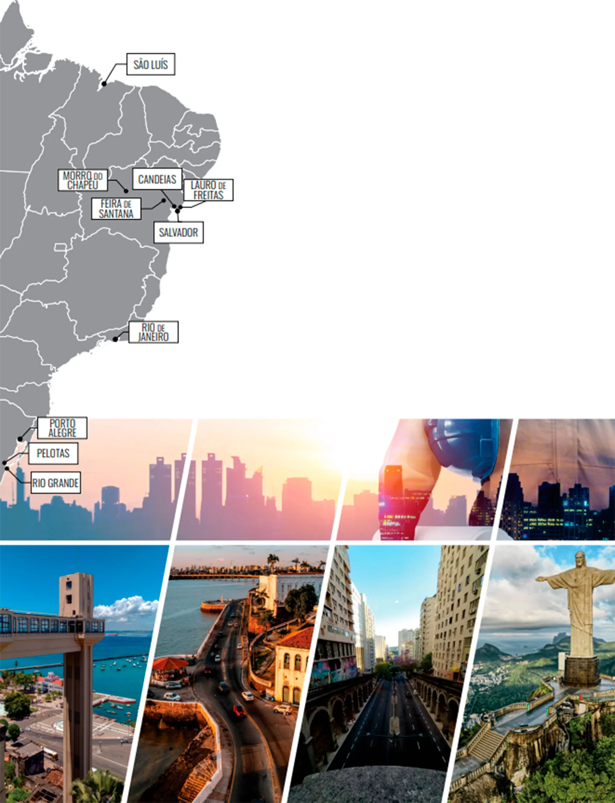 Mapa do Brasil destacando cidades do estado do Rio Grande do Sul e imagens de pontos turísticos como o Cristo Redentor no Rio de Janeiro, a Usina do Gasômetro em Porto Alegre e a estatuária do Cristo Redentor em Gávea.