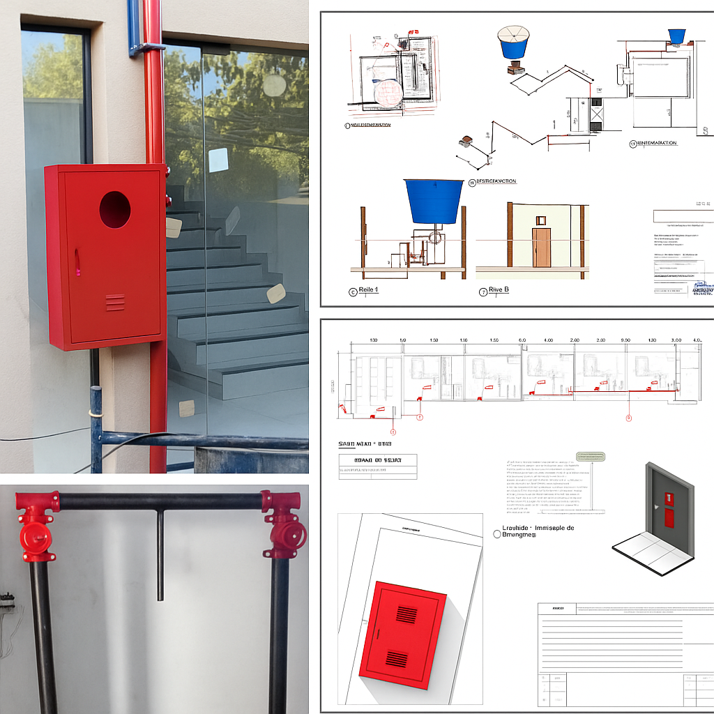 Imagem de um projeto de instalação de um sistema de proteção contra incêndio com planejamentos e desenhos técnicos. Inclui uma caixa de alarme de incêndio vermelha, tubulação de encanamento, e acima um detalhe de painel de controle de incêndio.
