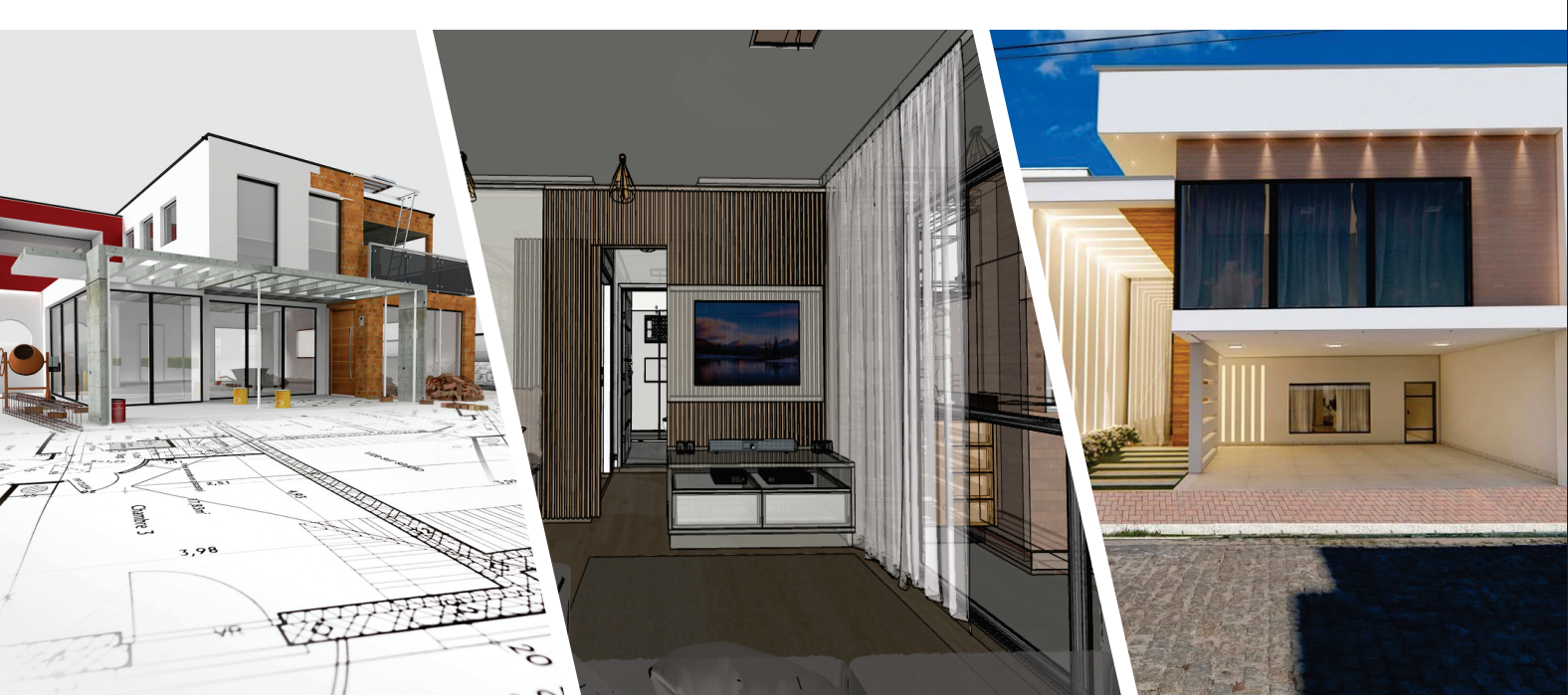 Imagem composta por três fotos de projetos de arquitetura e construção de uma casa moderna, incluindo plantas, interiores e fachada externa.