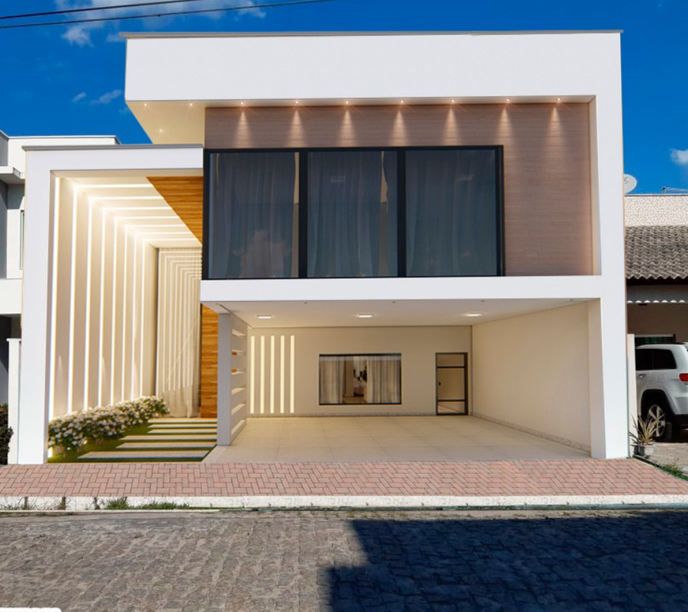 Fachada moderna de uma casa com design contemporâneo, parede branca, detalhes em madeira, grande janela de vidro escuro e área de estacionamento coberta. Céu azul ao fundo.