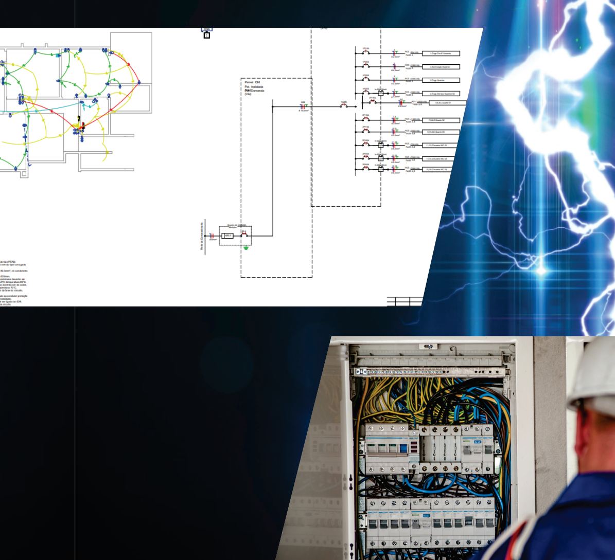 Esquema elétrico técnico, relâmpagos e painel de controle elétrico com um técnico ao lado.