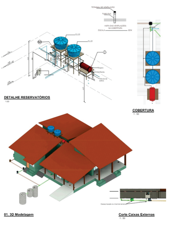 Desenho técnico de projeto de reservatórios de água, incluindo detalhes internos, cobertura e modelagem 3D de uma residência com reservatórios instalados no telhado.
