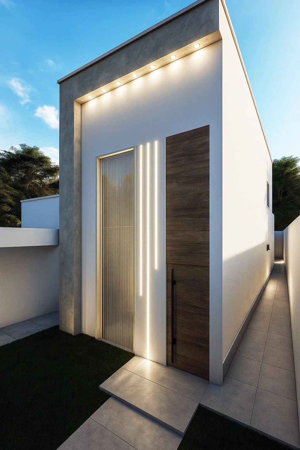 Fachada moderna de uma casa com iluminação embutida no teto e uma porta de madeira, na parte frontal. O passeio é de cimento e há área de grama ao lado. O céu está claro e ensolarado.