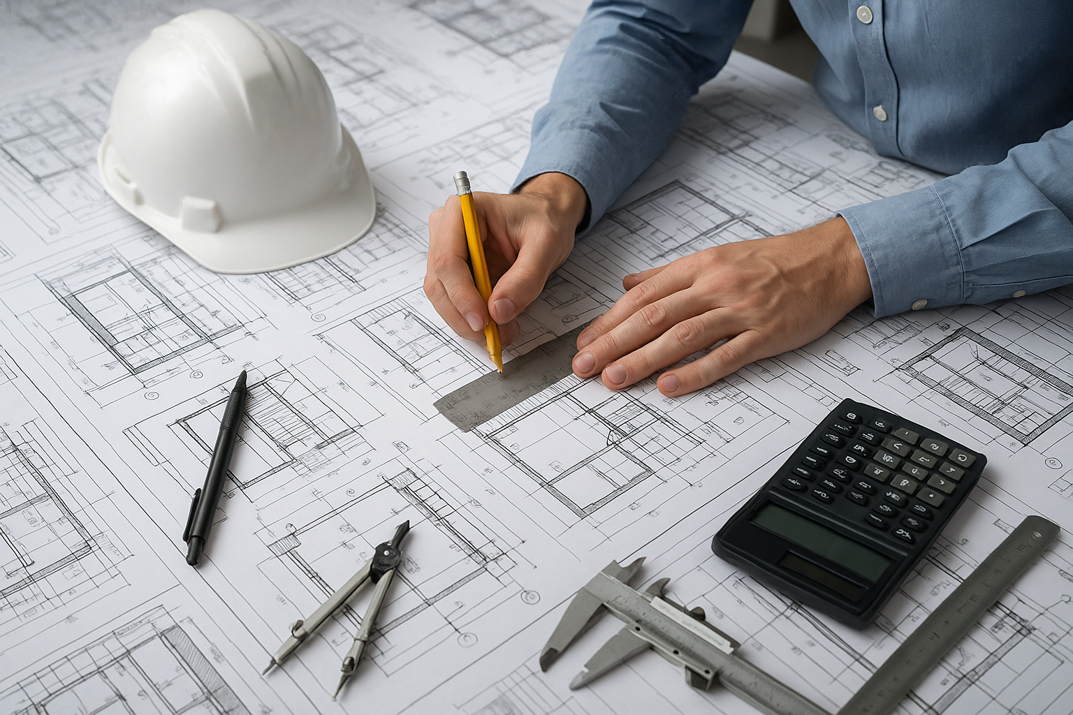 Engenheiro trabalhando em projetos de arquitetura com uma régua, compasso, calculadora, escala e um capacete de segurança, sobre uma mesa com desenhos técnicos.