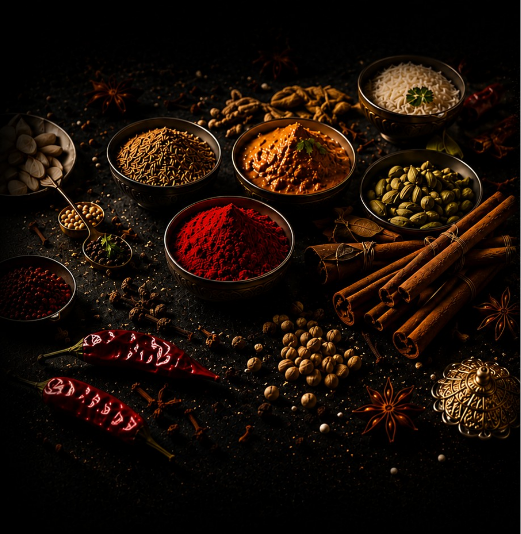 Traditional Indian spices and ingredients used in Sambhara's freshly prepared dishes