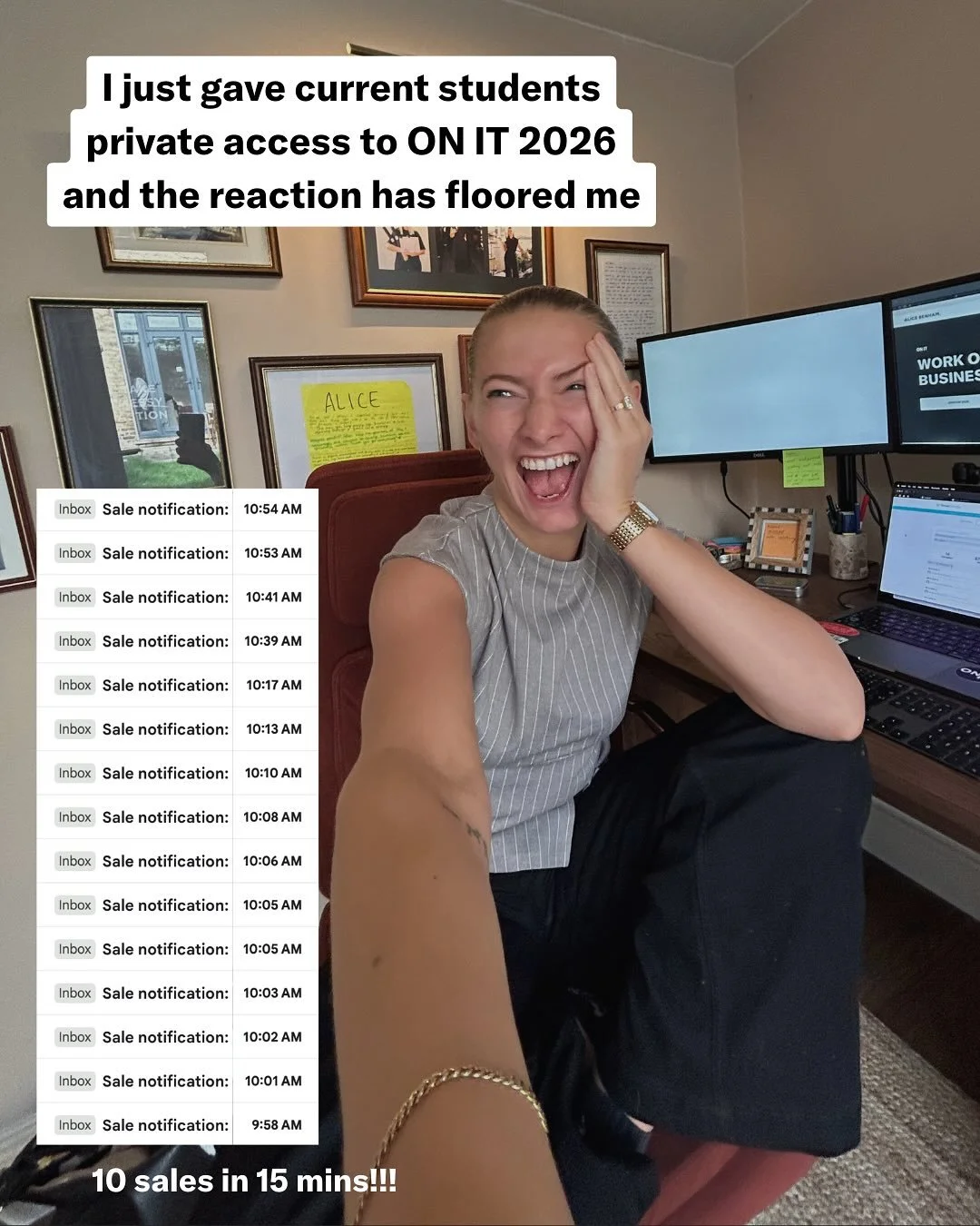 WHAT A MORNINGGG !!!!

11:20am and my adrenaline for today is USED UP.

I just gave current students early access to ON IT 2026 and the reaction floored me🥲

💸 10 sales in 10 minutes.
🖤 15+ amazing business owners on the list:
✅ And the most overw