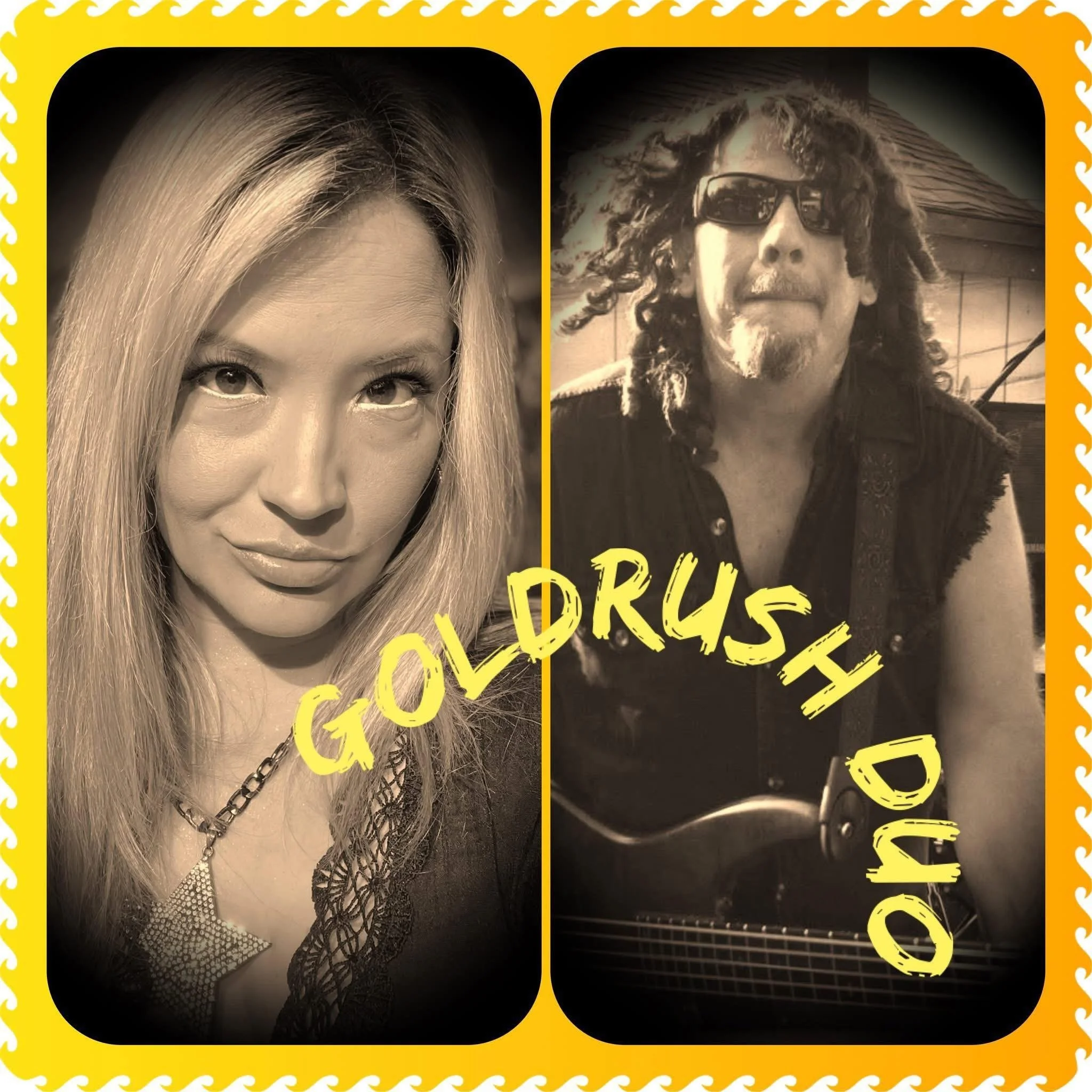Split image of a woman on the left and a man on the right, with the words 'GOLD RUSH' across the woman and 'OH NO' across the man in yellow, stylized text. The woman has long blonde hair and makeup, and the man has curly hair, sunglasses, and a guitar.