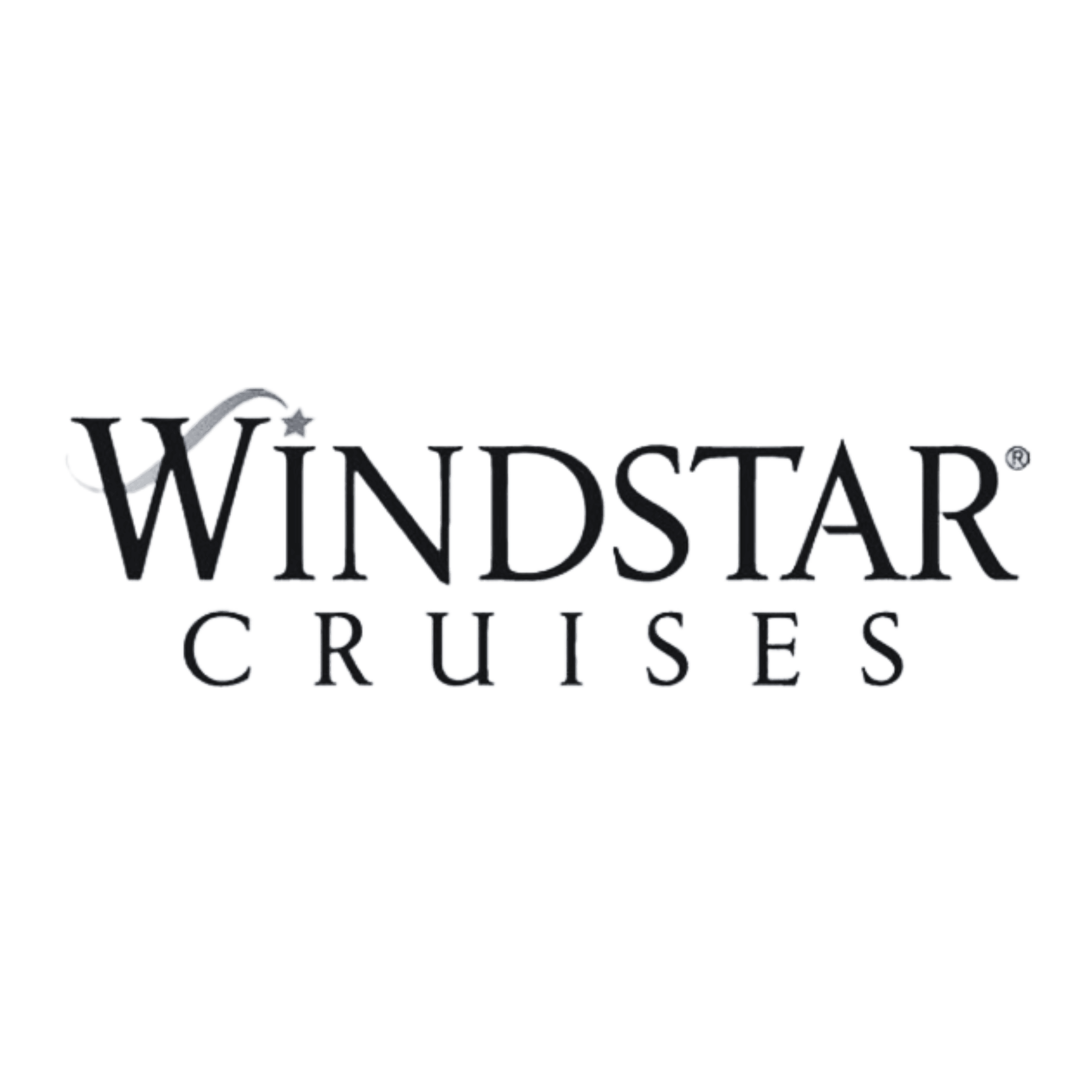 Windstar Cruises logo with star and sailing ship silhouette in black and silver. Small ship cruises, luxury sailings, Caribbean, Mediterranean, and Tahiti.