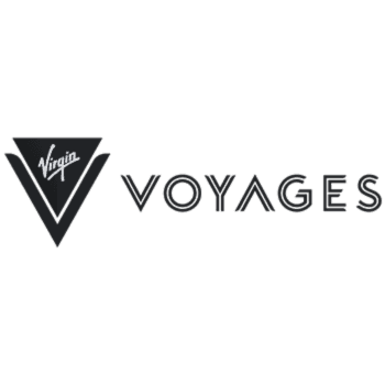 Virgin Voyages logo with stylized black V containing the word Virgin and the word VOYAGES beside it. Adults-only cruise line offering luxury sailings to the Caribbean and Mediterranean.