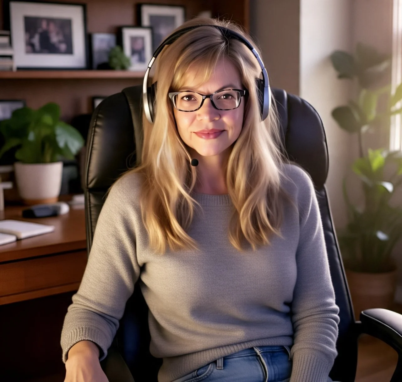 A woman wearing glasses and a headset with a microphone, sitting in a black office chair in a home office with potted plants, framed photos, and a wooden desk.