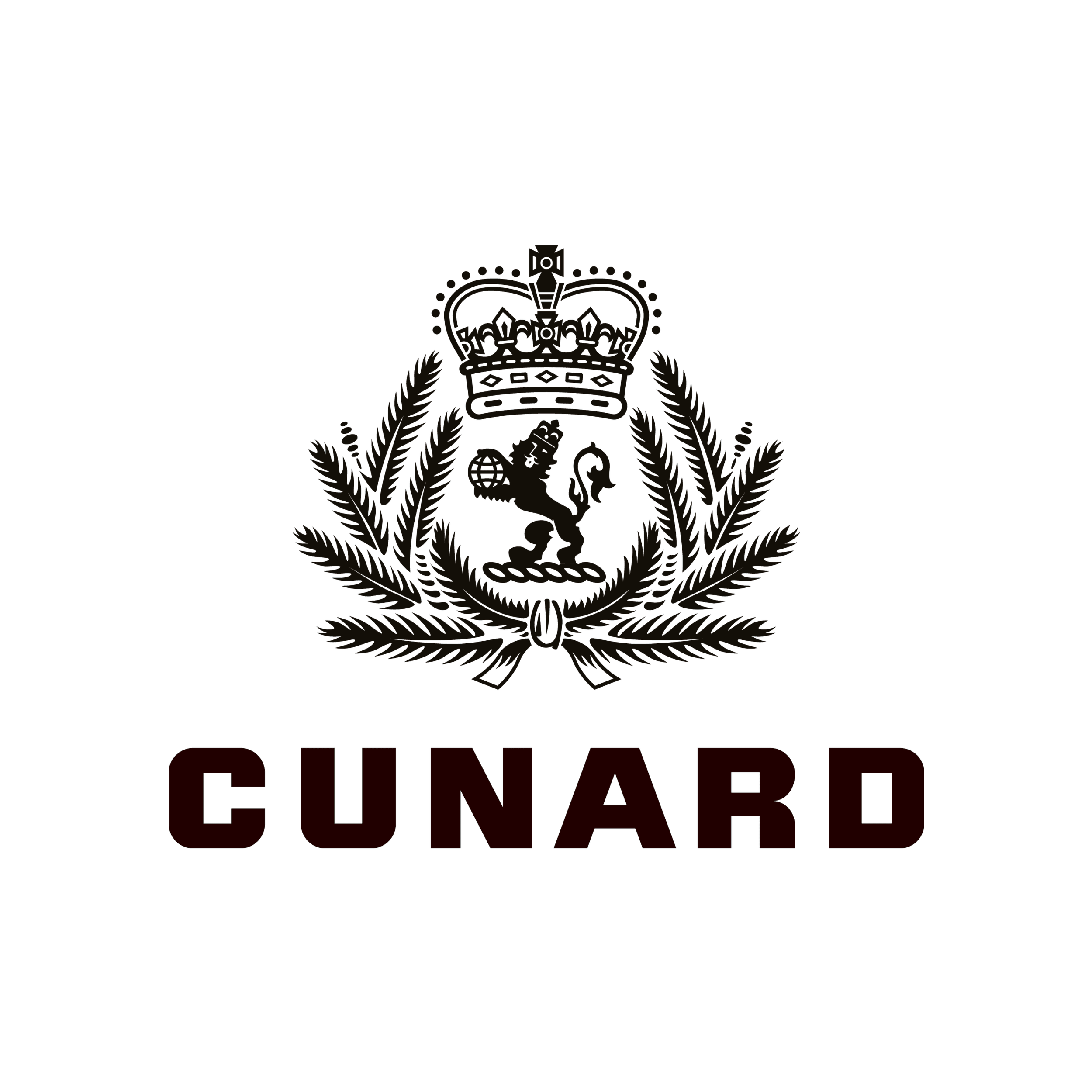 Cunard logo featuring a crowned lion with a sail, laurel branches, and bold uppercase CUNARD text below. Iconic ocean liner brand offering luxury transatlantic and world cruises.