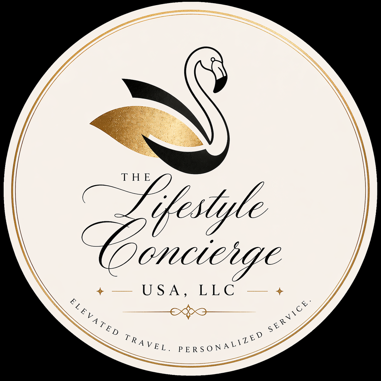 Logo for The Lifestyle Concierge, LLC featuring a stylized swan with gold and black accents, with elegant text and decorative elements.