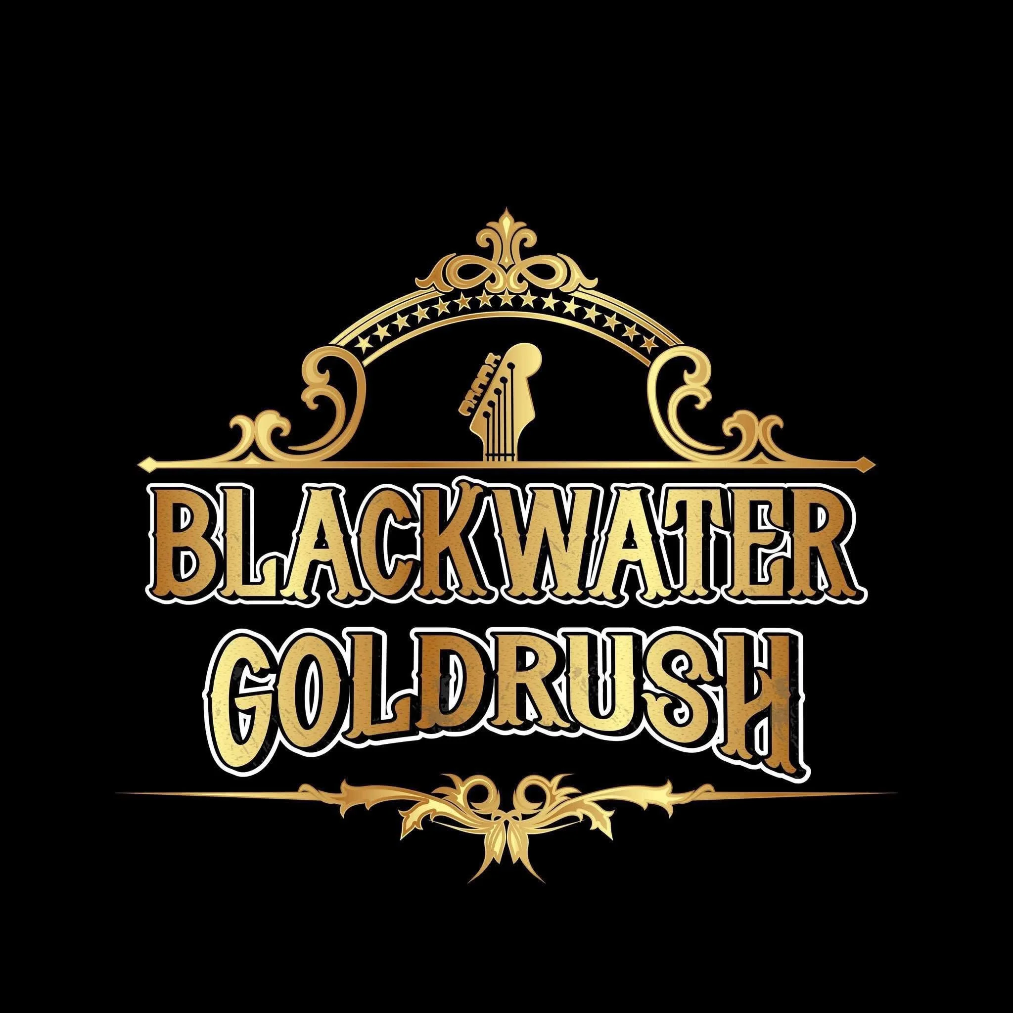 Logo for Blackwater Goldrush featuring gold and bronze text with ornate decorative elements, a guitar headstock silhouette, and a black background.