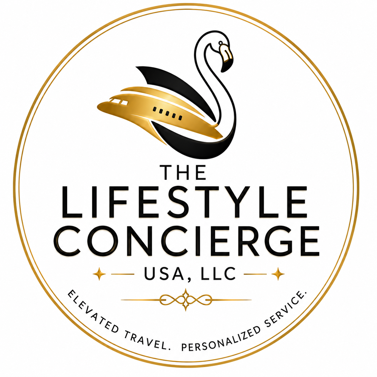 Logo of The Lifestyle Concierge USA LLC featuring a golden and black swan with a stylized airplane in the background, and text indicating elevated travel and personalized service.