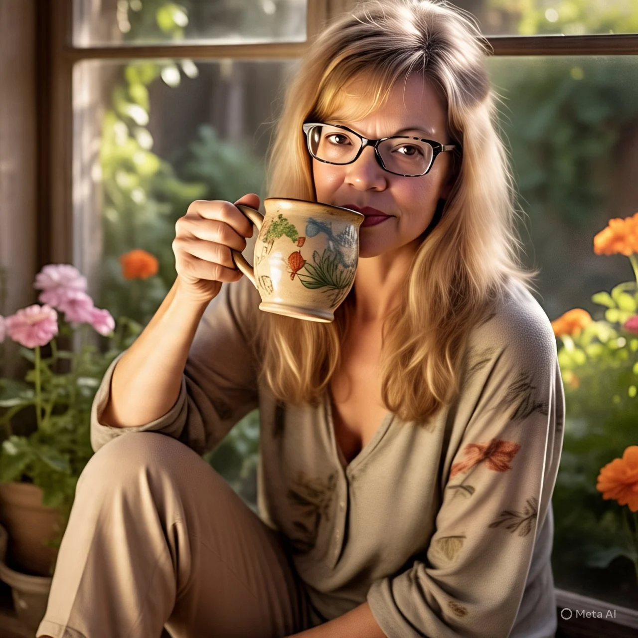 Woman with glasses holding a floral mug, sitting by a window with sunlight, surrounded by potted flowers.