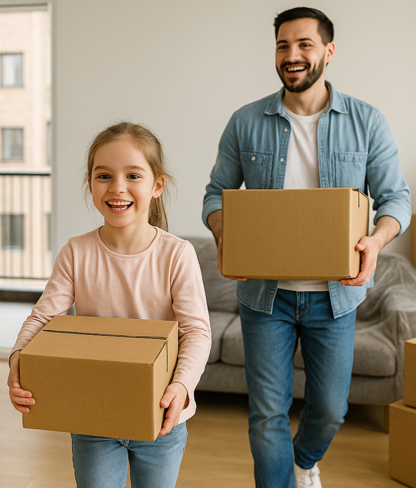 A man and a young girl smiling while holding cardboard boxes in a living room with a sofa and large windows.