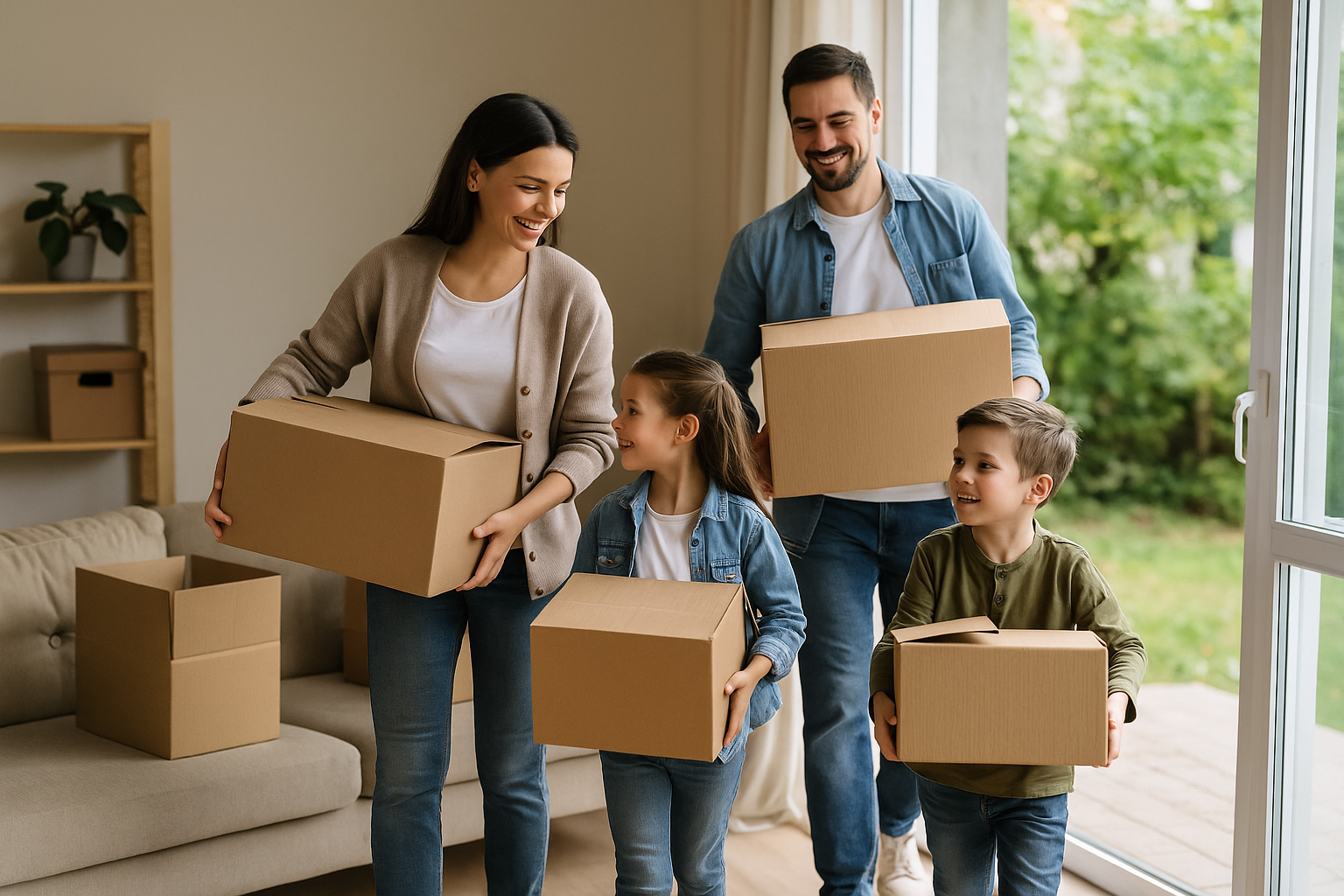 Family unpacking boxes in a living room with large windows and greenery outside.